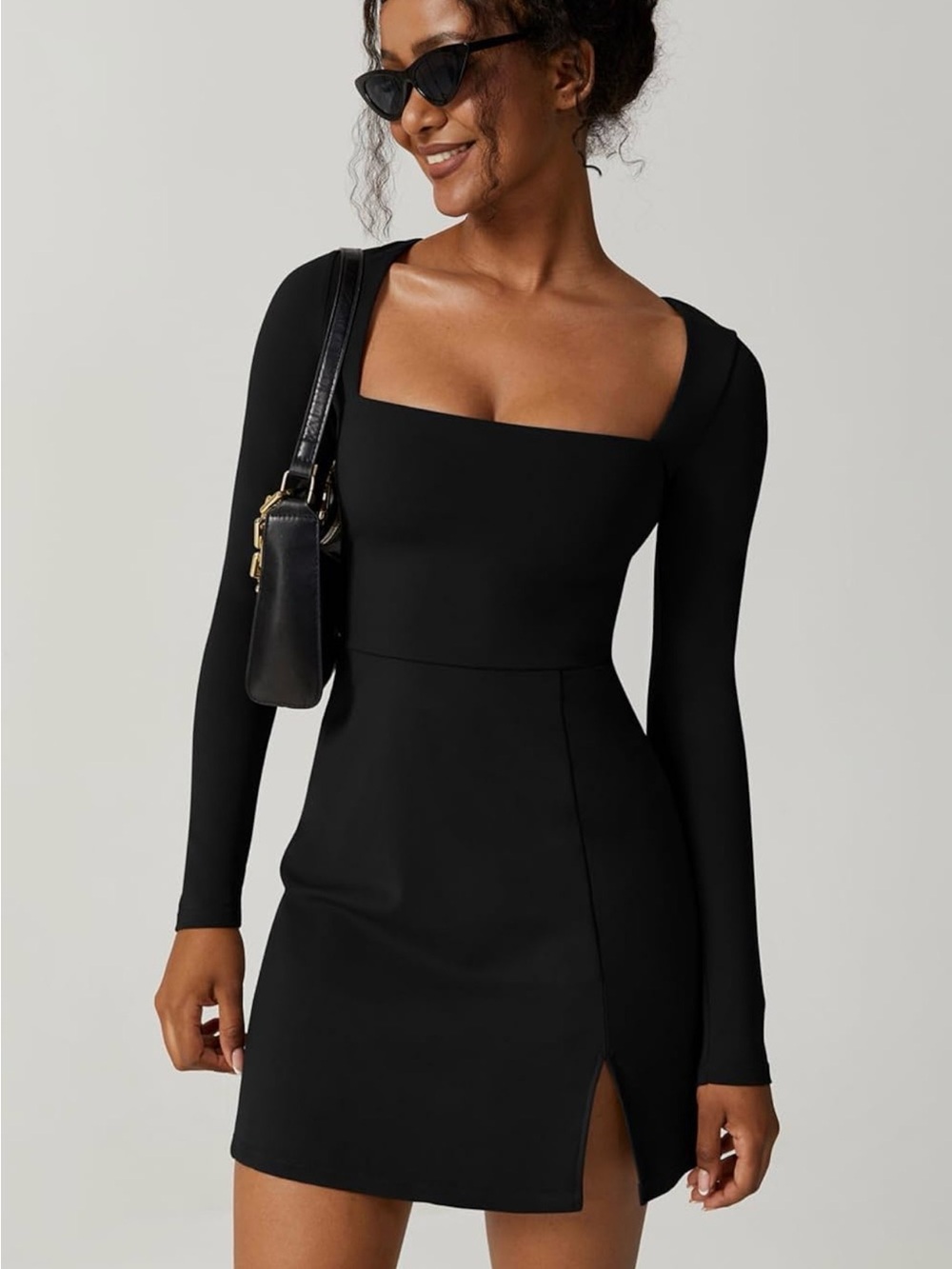 Qinsen Black Square Neck Long Sleeve Side Slit Mini Dress - Large